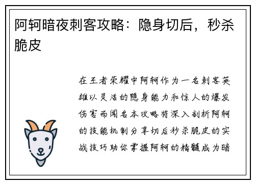 阿轲暗夜刺客攻略：隐身切后，秒杀脆皮