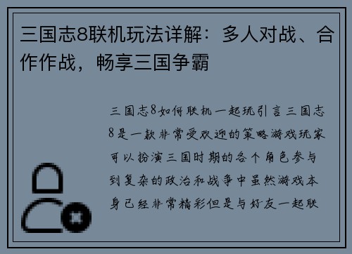 三国志8联机玩法详解：多人对战、合作作战，畅享三国争霸